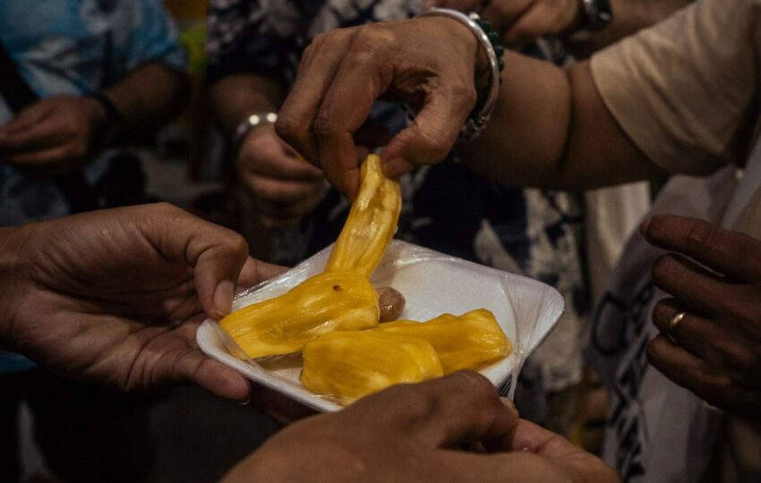 hands taking jackfruit to taste